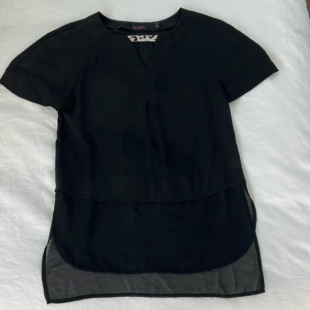 Black flowy tunic with cheetah print detail - purchased in Australia - size XS